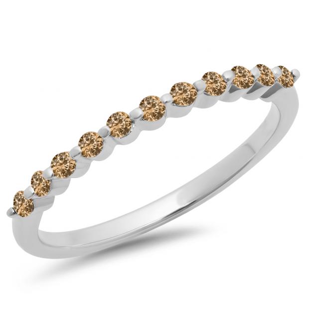 0.25 Carat (ctw) 10K White Gold Round Champagne Diamond Ladies 11 Stone Anniversary Wedding Stackable Band 1/4 CT