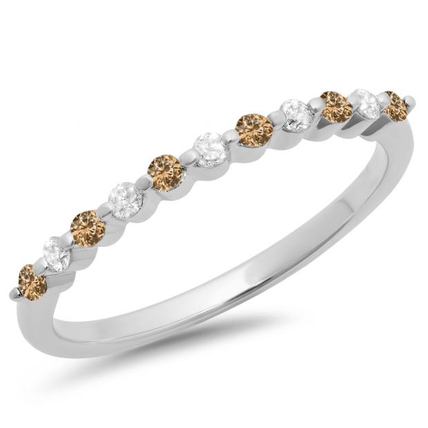 0.25 Carat (ctw) 10K White Gold Round Champagne & White Diamond Ladies 11 Stone Anniversary Wedding Stackable Band 1/4 CT