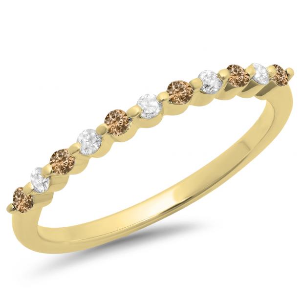 0.25 Carat (ctw) 10K Yellow Gold Round Champagne & White Diamond Ladies 11 Stone Anniversary Wedding Stackable Band 1/4 CT
