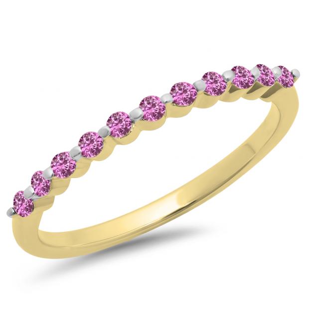 0.25 Carat (ctw) 10K Yellow Gold Round Pink Sapphire Ladies 11 Stone Anniversary Wedding Stackable Band 1/4 CT