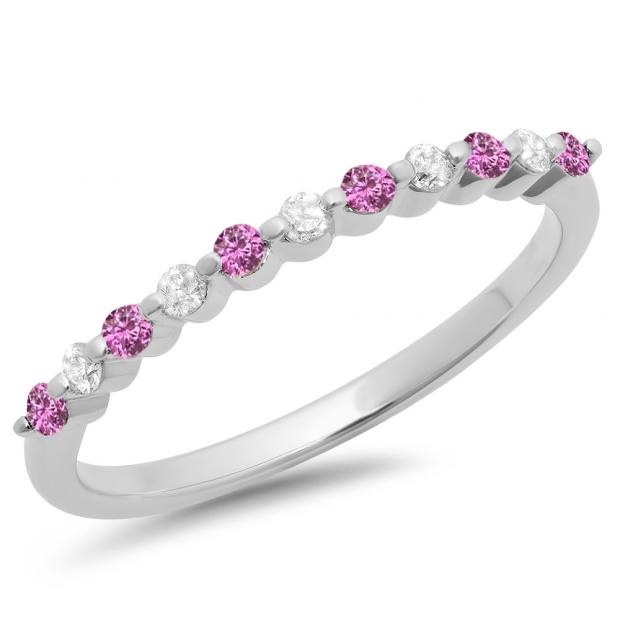 0.25 Carat (ctw) 10K White Gold Round Pink Sapphire & White Diamond Ladies 11 Stone Anniversary Wedding Stackable Band 1/4 CT