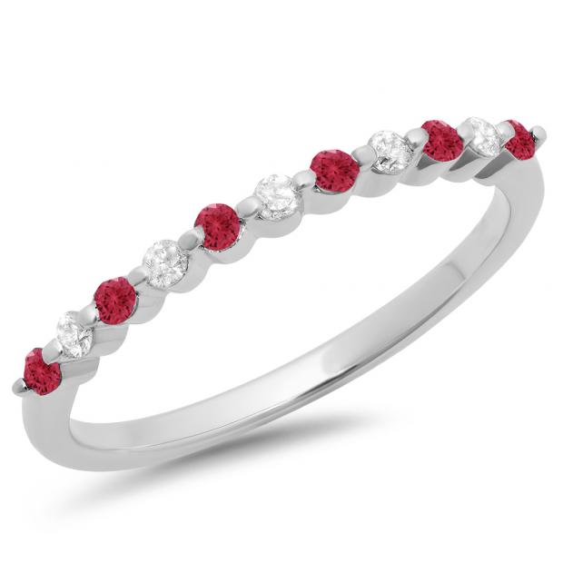 0.25 Carat (ctw) 18K White Gold Round Red Ruby & White Diamond Ladies 11 Stone Anniversary Wedding Stackable Band 1/4 CT