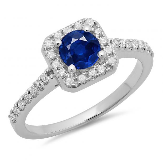 0.90 Carat (ctw) 10K White Gold Round Blue Sapphire & White Diamond Ladies Bridal Halo Style Engagement Ring
