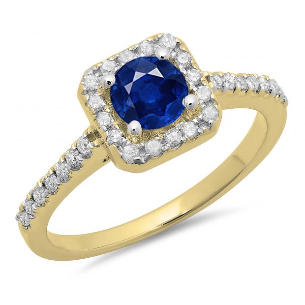 0.90 Carat (ctw) 10K Yellow Gold Round Blue Sapphire & White Diamond Ladies Bridal Halo Style Engagement Ring