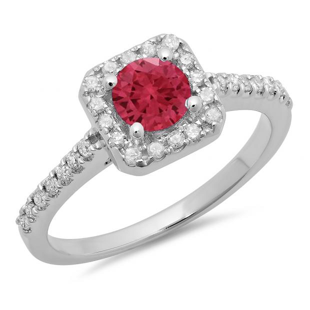 0.90 Carat (ctw) 10K White Gold Round Red Ruby & White Diamond Ladies Bridal Halo Style Engagement Ring