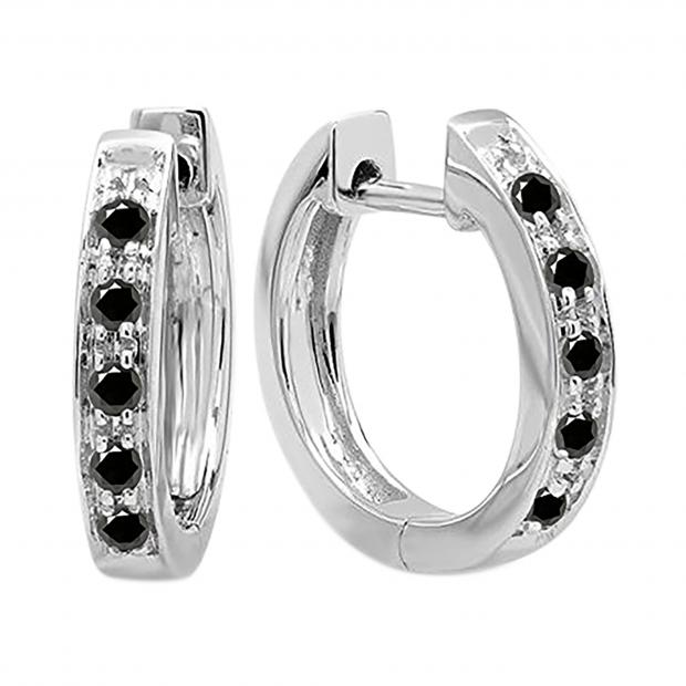 0.15 Carat (ctw) Round Black Diamond Single Row Hoop Earrings in 10K White Gold