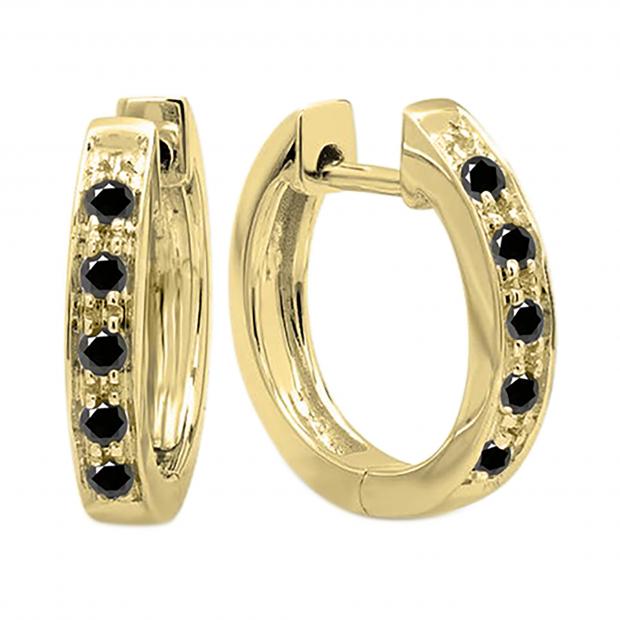 0.15 Carat (ctw) Round Black Diamond Single Row Hoop Earrings in 10K Yellow Gold