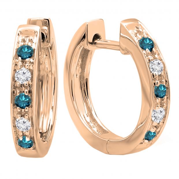 0.15 Carat (ctw) Round Blue & White Diamond Single Row Hoop Earrings in 10K Rose Gold