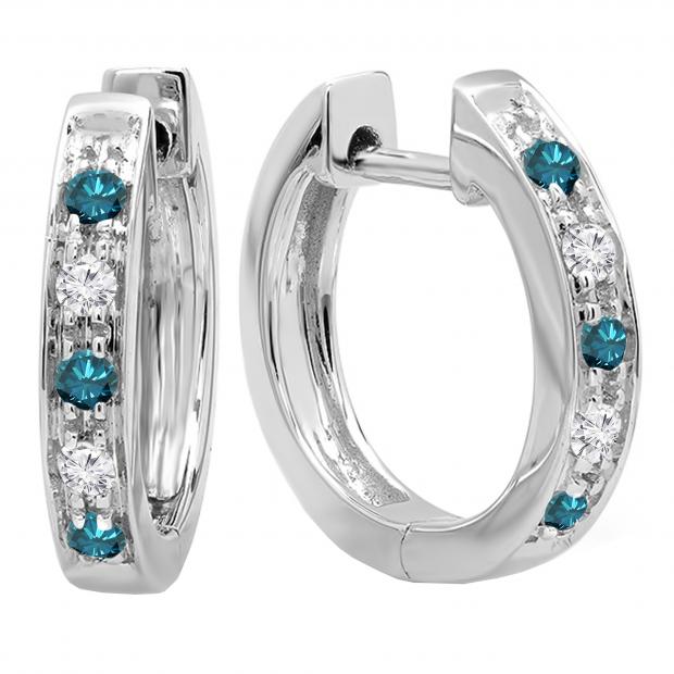 0.15 Carat (ctw) Round Blue & White Diamond Single Row Hoop Earrings in 10K White Gold