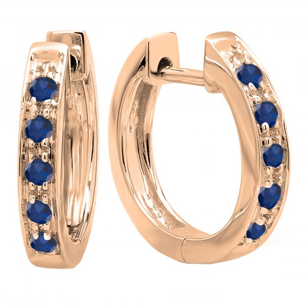 Round Blue Sapphire Single Row Hoop Earrings in 10K Rose Gold