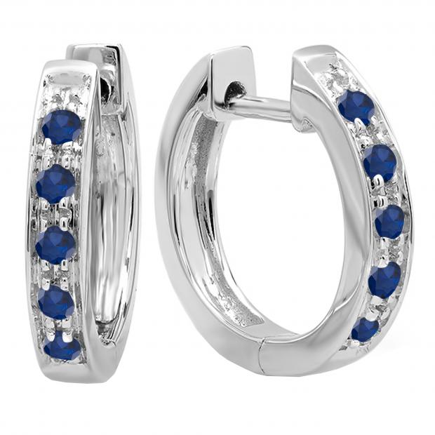 Round Blue Sapphire Single Row Hoop Earrings in 14K White Gold