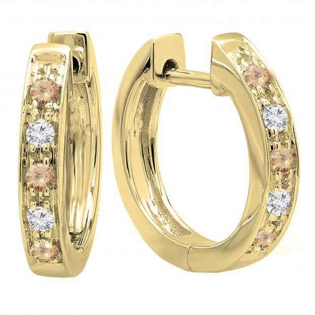 0.15 Carat (ctw) Round Champagne & White Diamond Single Row Hoop Earrings in 18K Yellow Gold