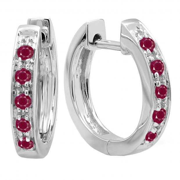 Round Ruby Single Row Hoop Earrings in 10K White Gold