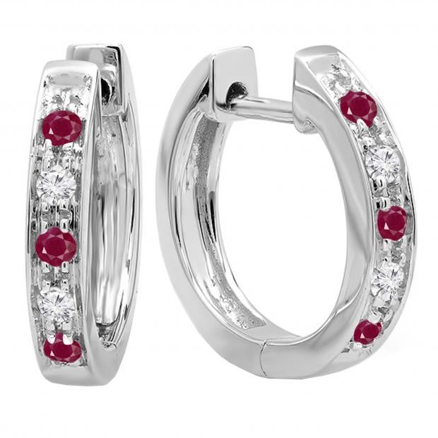 Round Ruby & White Diamond Single Row Hoop Earrings in 10K White Gold