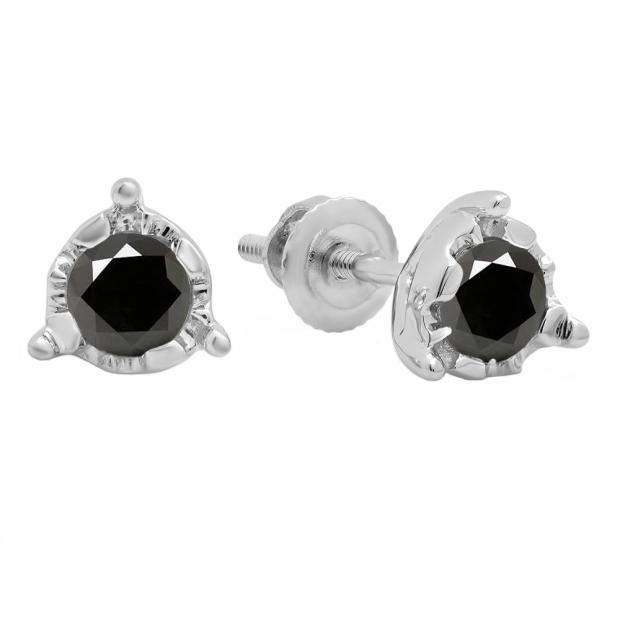 0.60 Carat (ctw) 18K White Gold Round Cut Black Diamond Ladies Solitaire Bezel Set Stud Earrings