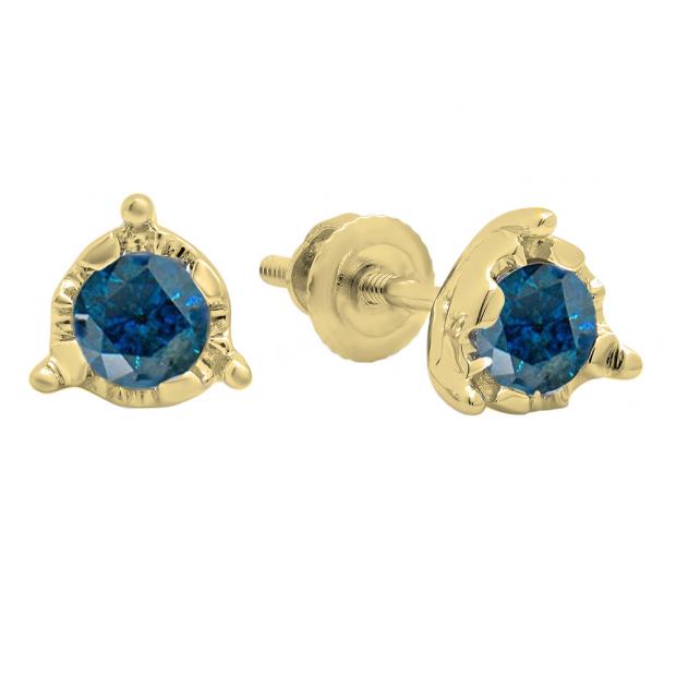 0.60 Carat (ctw) 18K Yellow Gold Round Cut Blue Diamond Ladies Solitaire Bezel Set Stud Earrings