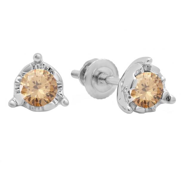 0.60 Carat (ctw) 10K White Gold Round Cut Champagne Diamond Ladies Solitaire Bezel Set Stud Earrings