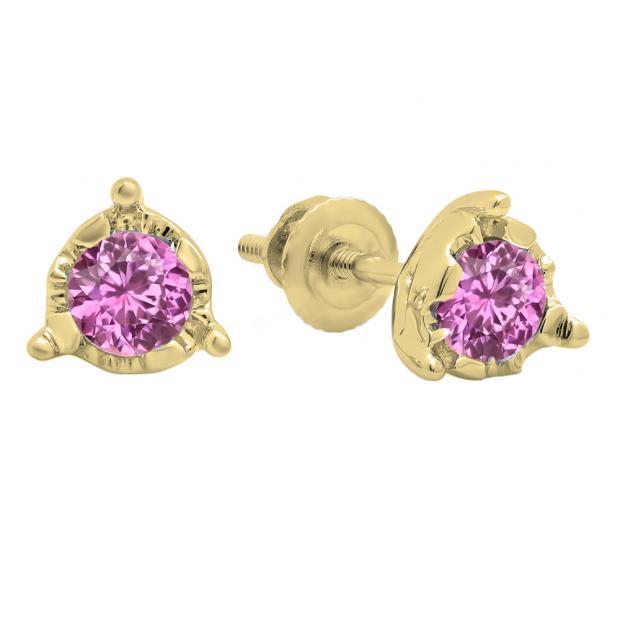 0.60 Carat (ctw) 10K Yellow Gold Round Cut Pink Sapphire Ladies Solitaire Bezel Set Stud Earrings