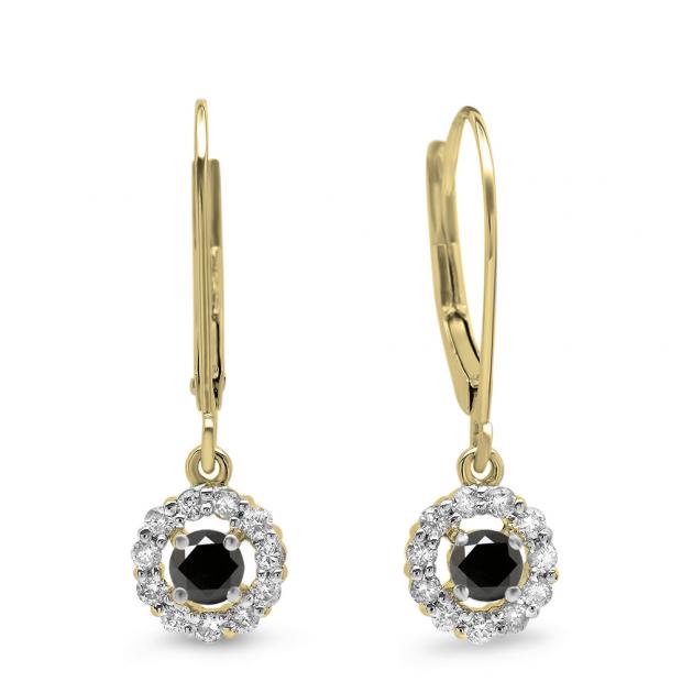 0.55 Carat (ctw) 10K Yellow Gold Round Cut Black & White Diamond Ladies Cluster Halo Style Drop Earrings 1/2 CT