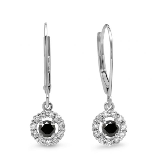 0.55 Carat (ctw) 18K White Gold Round Cut Black & White Diamond Ladies Cluster Halo Style Drop Earrings 1/2 CT