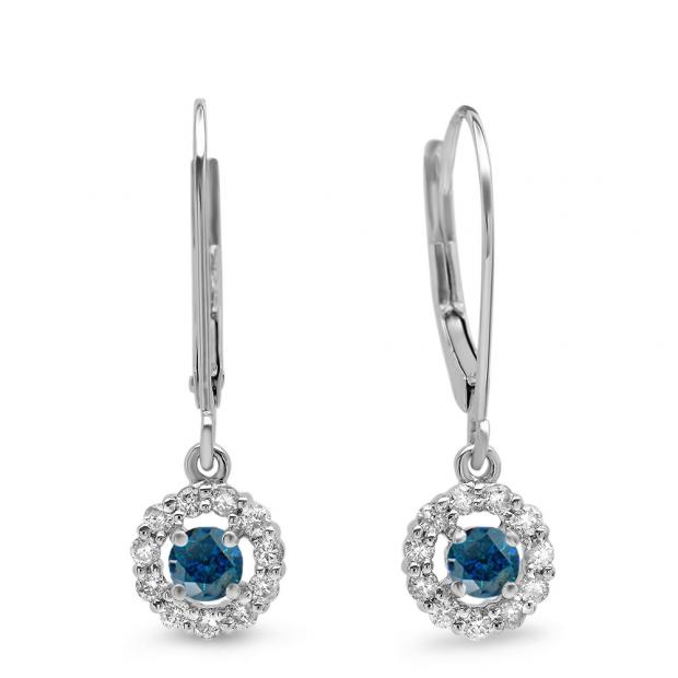 0.55 Carat (ctw) 10K White Gold Round Cut Blue & White Diamond Ladies Cluster Halo Style Drop Earrings 1/2 CT