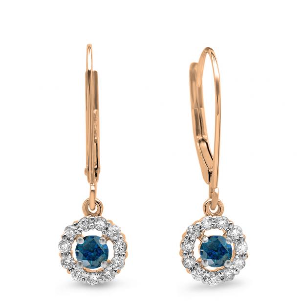 0.55 Carat (ctw) 18K Rose Gold Round Cut Blue & White Diamond Ladies Cluster Halo Style Drop Earrings 1/2 CT