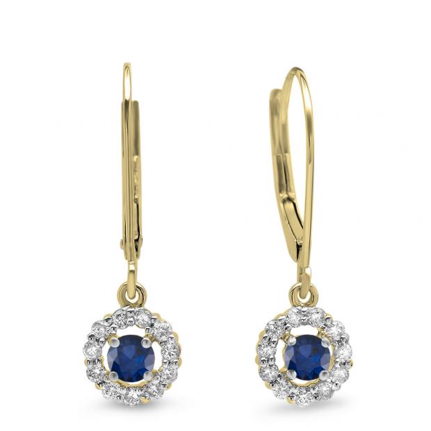 0.55 Carat (ctw) 10K Yellow Gold Round Cut Blue Sapphire & White Diamond Ladies Cluster Halo Style Drop Earrings 1/2 CT