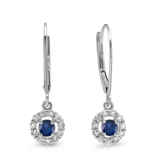 0.55 Carat (ctw) 14K White Gold Round Cut Blue Sapphire & White Diamond Ladies Cluster Halo Style Drop Earrings 1/2 CT