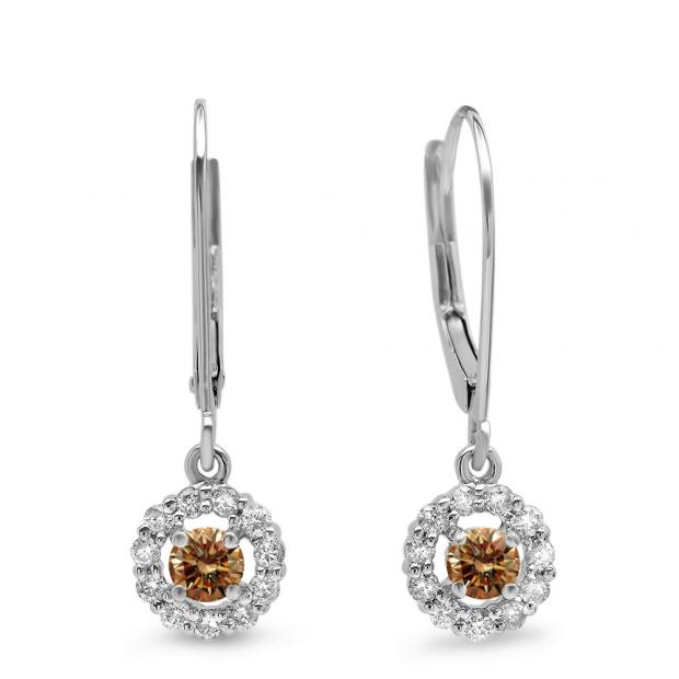 0.55 Carat (ctw) 14K White Gold Round Cut Champagne & White Diamond Ladies Cluster Halo Style Drop Earrings 1/2 CT