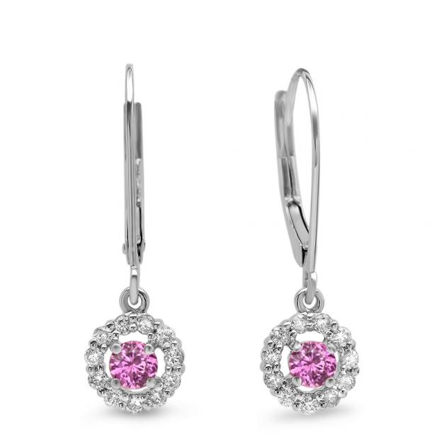 0.55 Carat (ctw) 10K White Gold Round Cut Pink Sapphire & White Diamond Ladies Cluster Halo Style Drop Earrings 1/2 CT