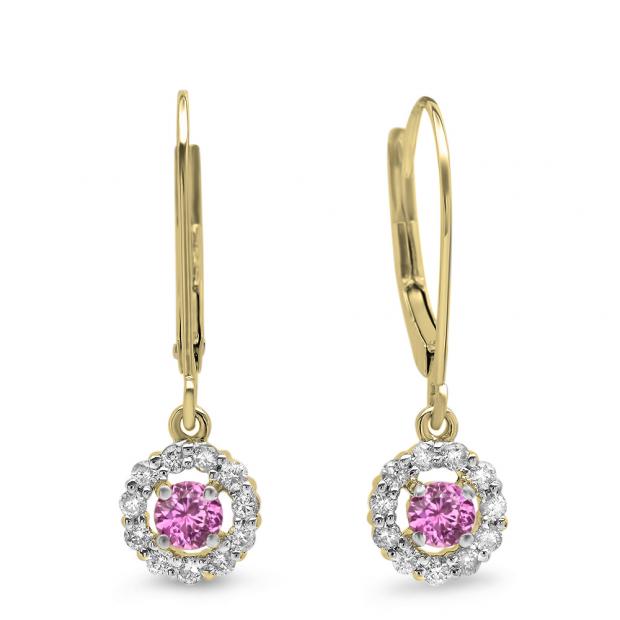 0.55 Carat (ctw) 18K Yellow Gold Round Cut Pink Sapphire & White Diamond Ladies Cluster Halo Style Drop Earrings 1/2 CT