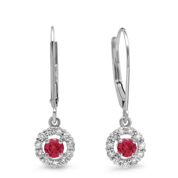 0.55 Carat (ctw) 10K White Gold Round Cut Red Ruby & White Diamond Ladies Cluster Halo Style Drop Earrings 1/2 CT