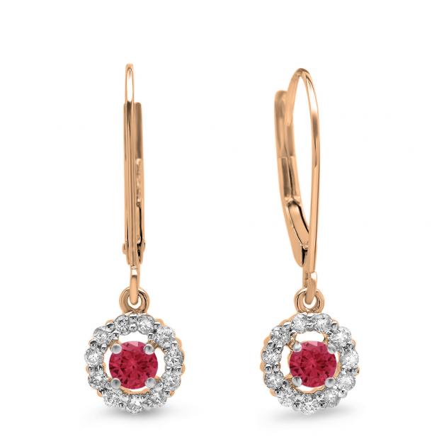 0.55 Carat (ctw) 18K Rose Gold Round Cut Red Ruby & White Diamond Ladies Cluster Halo Style Drop Earrings 1/2 CT