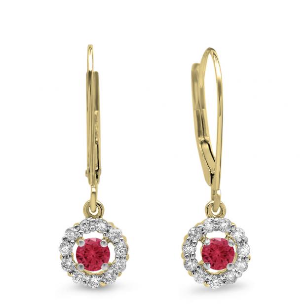 0.55 Carat (ctw) 18K Yellow Gold Round Cut Red Ruby & White Diamond Ladies Cluster Halo Style Drop Earrings 1/2 CT