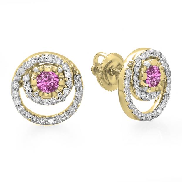 0.80 Carat (ctw) 10K Yellow Gold Round Cut Pink Sapphire & White Diamond Ladies Cluster Swirl Stud Earrings 3/4 CT