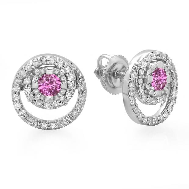 0.80 Carat (ctw) 14K White Gold Round Cut Pink Sapphire & White Diamond Ladies Cluster Swirl Stud Earrings 3/4 CT