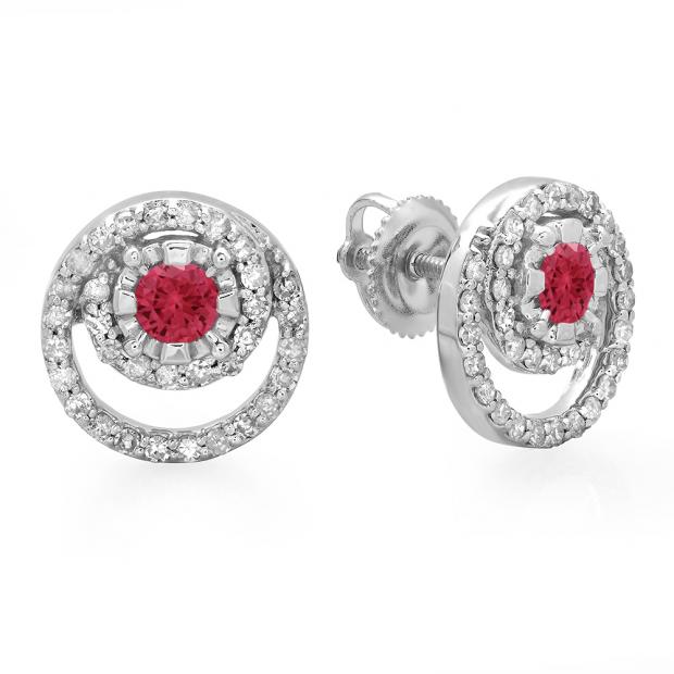 0.80 Carat (ctw) 14K White Gold Round Cut Red Ruby & White Diamond Ladies Cluster Swirl Stud Earrings 3/4 CT
