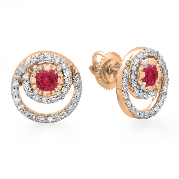 0.80 Carat (ctw) 18K Rose Gold Round Cut Red Ruby & White Diamond Ladies Cluster Swirl Stud Earrings 3/4 CT
