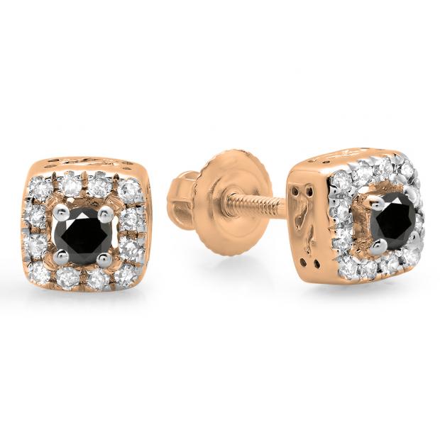 0.25 Carat (ctw) 14K Rose Gold Round Cut Black & White Diamond Ladies Square Frame Halo Stud Earrings 1/4 CT