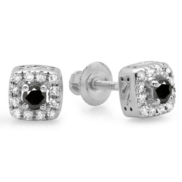 0.25 Carat (ctw) 14K White Gold Round Cut Black & White Diamond Ladies Square Frame Halo Stud Earrings 1/4 CT
