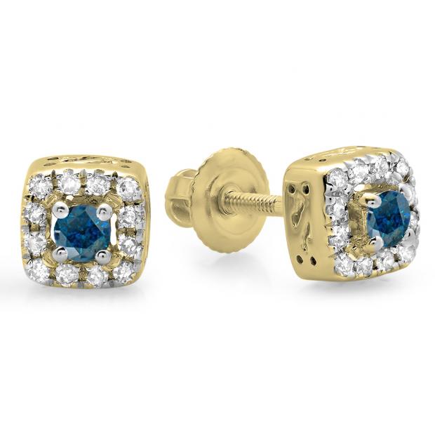 0.25 Carat (ctw) 10K Yellow Gold Round Cut Blue & White Diamond Ladies Square Frame Halo Stud Earrings 1/4 CT