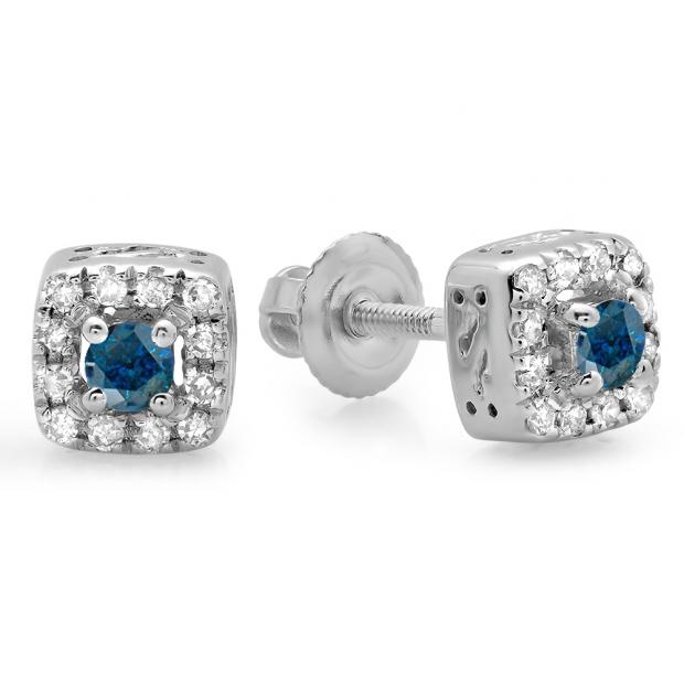 0.25 Carat (ctw) 14K White Gold Round Cut Blue & White Diamond Ladies Square Frame Halo Stud Earrings 1/4 CT