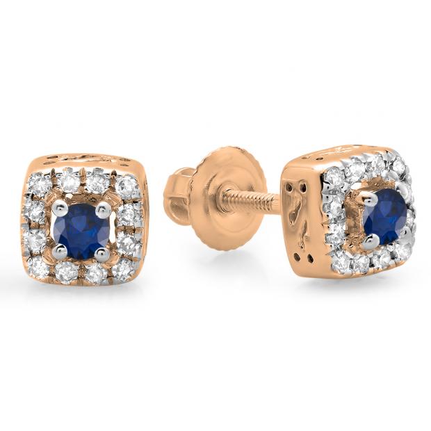 0.25 Carat (ctw) 10K Rose Gold Round Cut Blue Sapphire & White Diamond Ladies Square Frame Halo Stud Earrings 1/4 CT