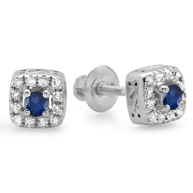 0.25 Carat (ctw) 10K White Gold Round Cut Blue Sapphire & White Diamond Ladies Square Frame Halo Stud Earrings 1/4 CT