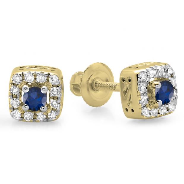 0.25 Carat (ctw) 10K Yellow Gold Round Cut Blue Sapphire & White Diamond Ladies Square Frame Halo Stud Earrings 1/4 CT