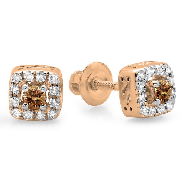 0.25 Carat (ctw) 10K Rose Gold Round Cut Champagne & White Diamond Ladies Square Frame Halo Stud Earrings 1/4 CT
