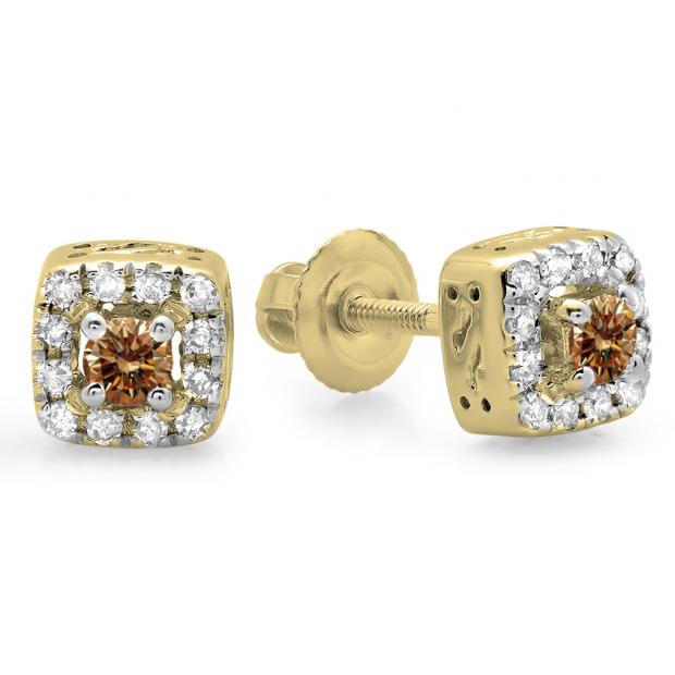 0.25 Carat (ctw) 10K Yellow Gold Round Cut Champagne & White Diamond Ladies Square Frame Halo Stud Earrings 1/4 CT