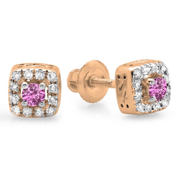 0.25 Carat (ctw) 10K Rose Gold Round Cut Pink Sapphire & White Diamond Ladies Square Frame Halo Stud Earrings 1/4 CT