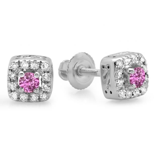 0.25 Carat (ctw) 10K White Gold Round Cut Pink Sapphire & White Diamond Ladies Square Frame Halo Stud Earrings 1/4 CT