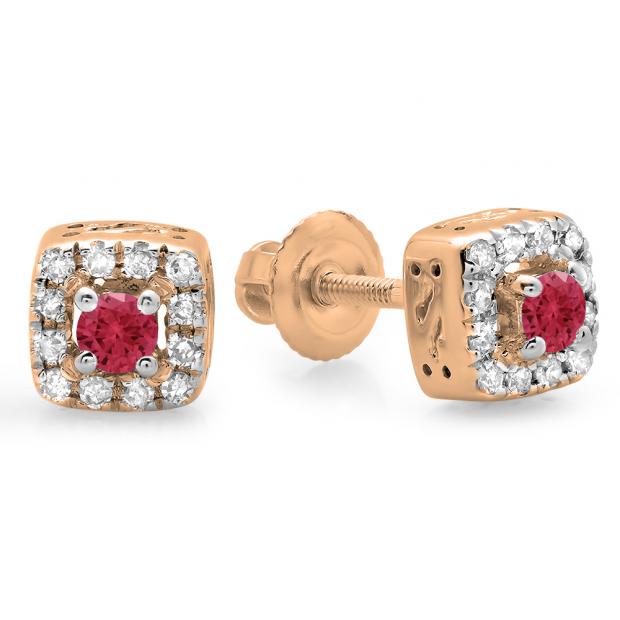 0.25 Carat (ctw) 14K Rose Gold Round Cut Red Ruby & White Diamond Ladies Square Frame Halo Stud Earrings 1/4 CT